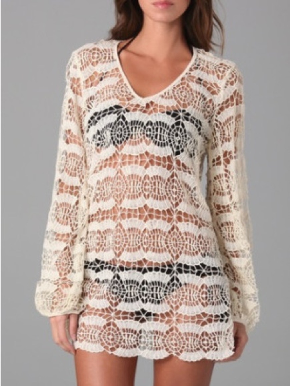 OndadeMar Cream Crochet V‑Neck Swim Coverup Tunic